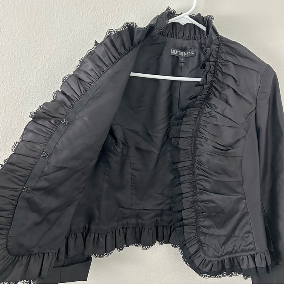 VTG Lafayette 148 Black 100% Silk Ruched Ruffle Lace Trim Jacket Blazer Womens 4 - Picture 5 of 10